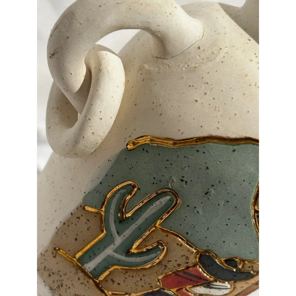 Southwestern Hand Painted Pottery Vase Desert Scene Ring Handles Gold Trim Aztec